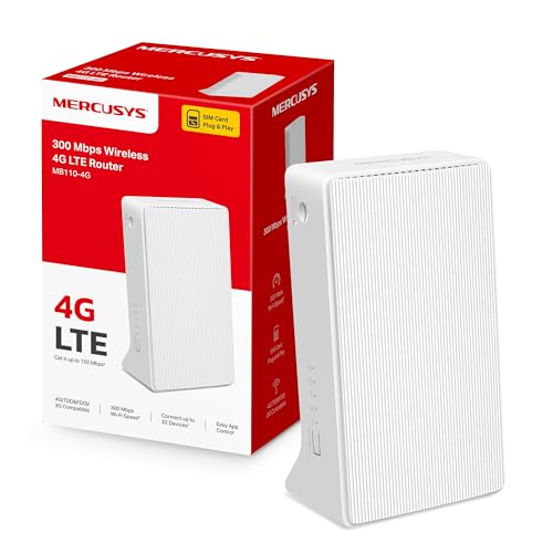 Mercusys MB110-4G LTE Router, 4G Router unterstützt SIM Karten, 4G Cat4 bis zu 150 Mbit/s, WLAN 2.4GHz N300, 2X 100 Mbps Ports, Plug and Play, bis zu 32 Geräte, MERCUSYS App